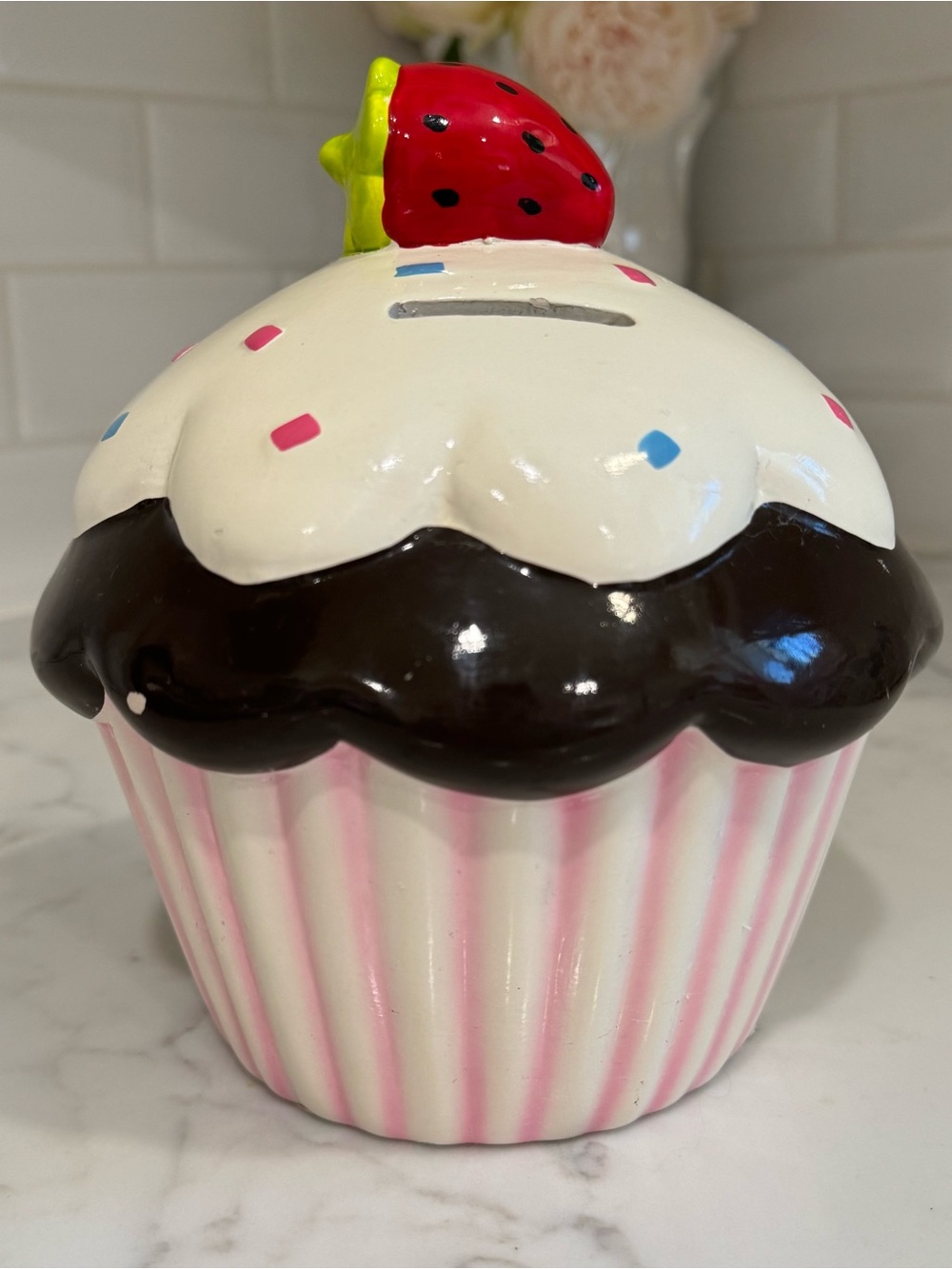 Large Strawberry Cupcake Coin Bank Ceramic  7” Target Decor 2011 Collection